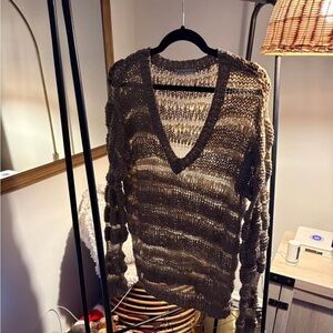 Open Knit V-Neck Sweater in Olive Brown